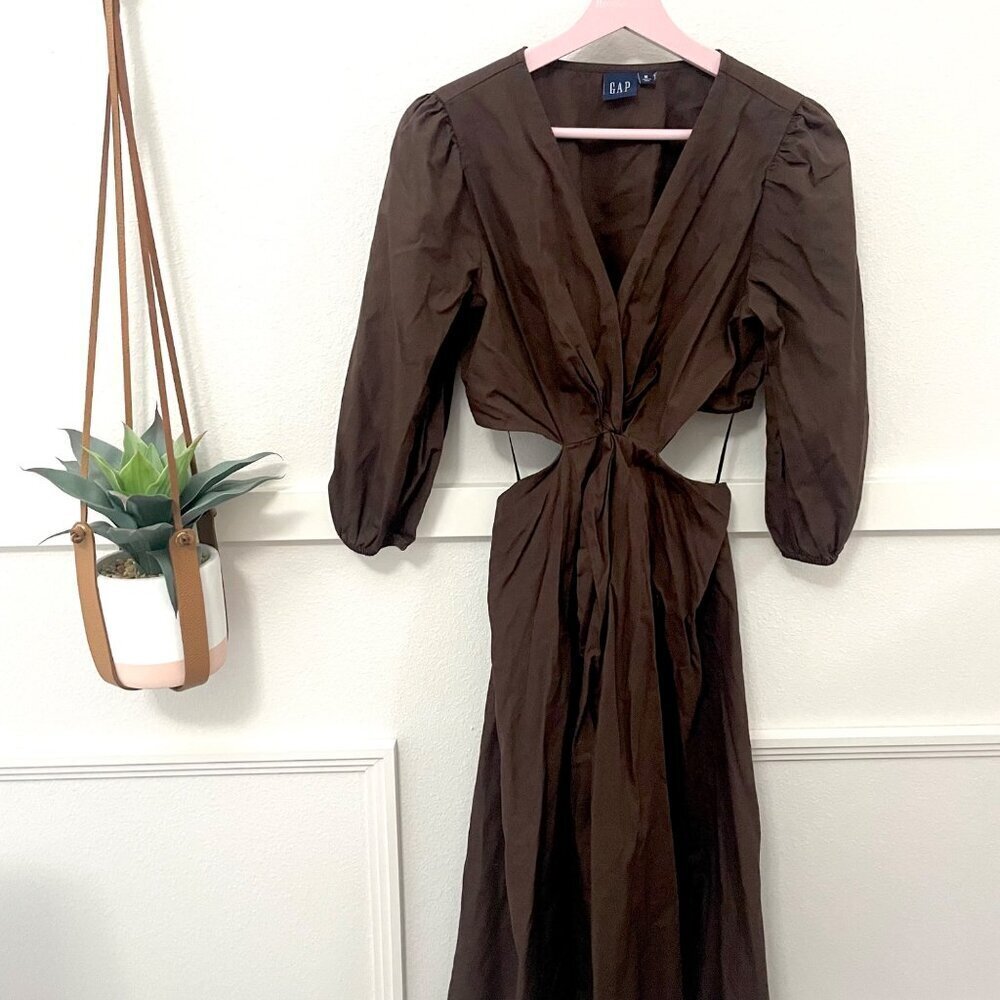 Gap Puff Sleeve Cut Out Midi Dress Long Sleeve Brown Size M - Picture 3 of 7